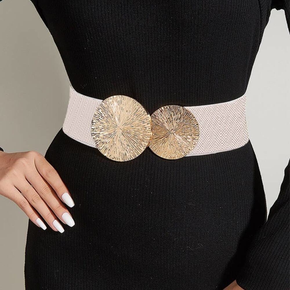 2/$30 NEW Elastic Wide Corset Safe Waist Belt Metallic Snap Buckle Beige Cinch… - Picture 9 of 10